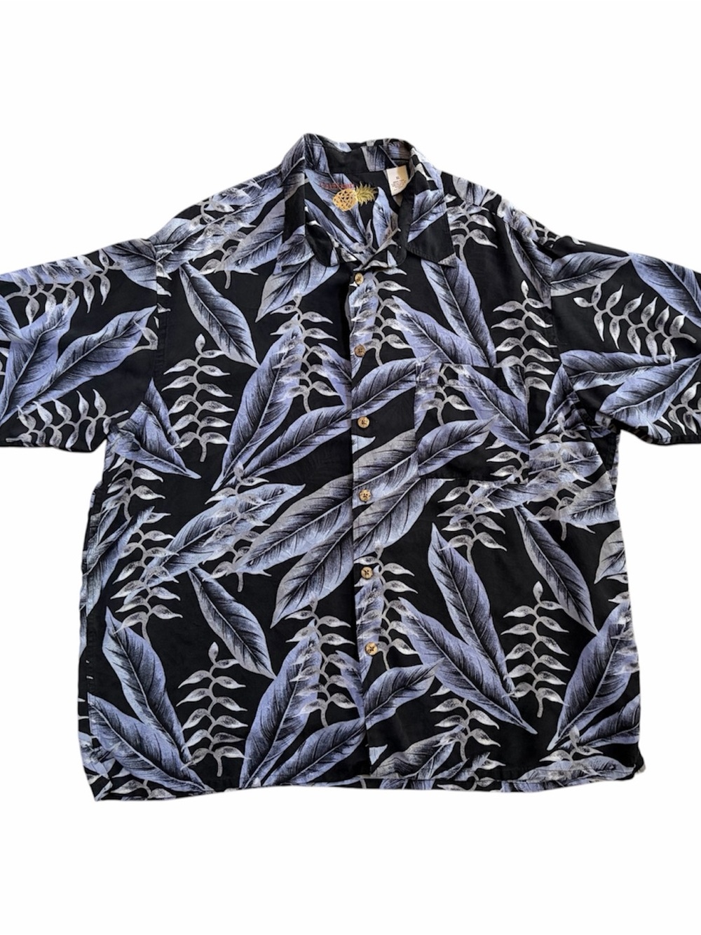 Hawaiian Shirt Mens Size Medium Black Blue 100% Silk Short Sleeve XL Caribbean